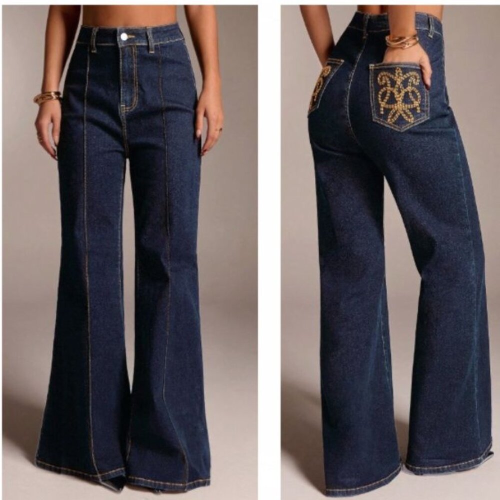 High-Rise Dark Blue Flared Jeans with Embroidered Back Pockets